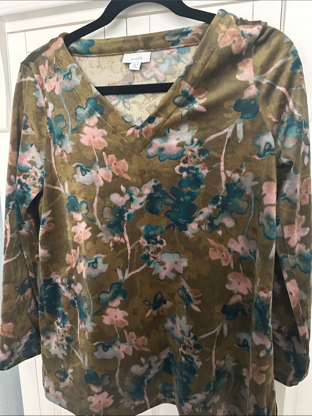 Pure Jill Olive Floral V-Neck Long Sleeve Top